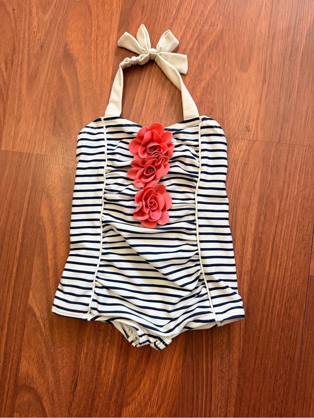 Janie and Jack Navy & White Striped One-Piece with Coral Flower Trim